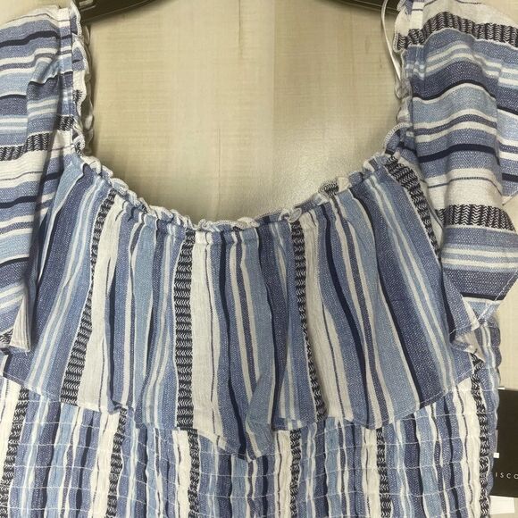 I. N. San Francisco blue and white striped shorts romper, ruffle, size large - Picture 6 of 16
